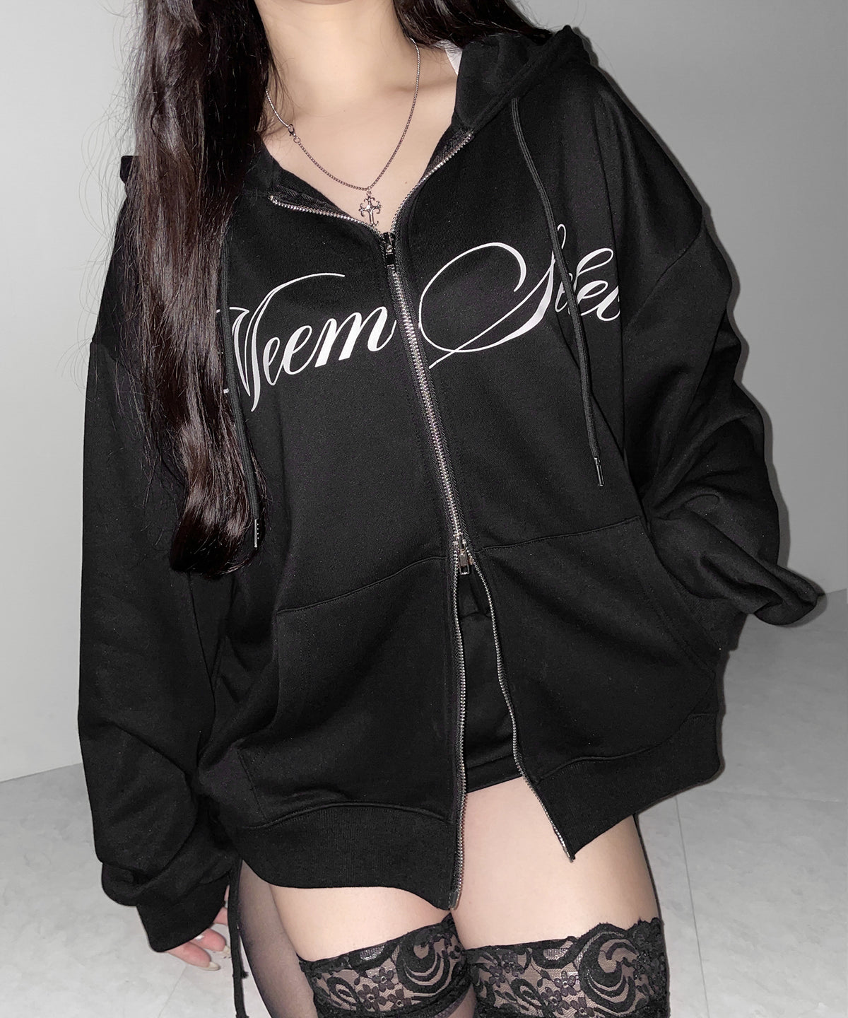 【 セットアップ可能 】レタリングロゴプリントダブルジップビッグパーカー / lettering logo print double zip BIG hoodie