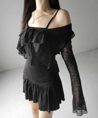 【 2点セット 】フレアキャミワンピ &シアーフリルリボンカーディガン ワンホンセットアップ / flare camisole onepiece & sheer frill ribbon cardigan wanghong SETUP