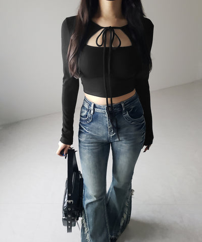 【 2WAY / 裏起毛 】フロントリボンカットアウトドッキングショートトップス / front ribbon cutout docking short tops