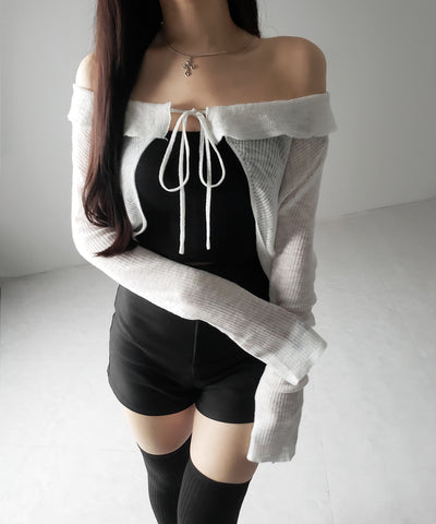 【 2color 】襟付きフロントリボンシアーニットショートカーディガン / collar front ribbon sheer knit short cardigan