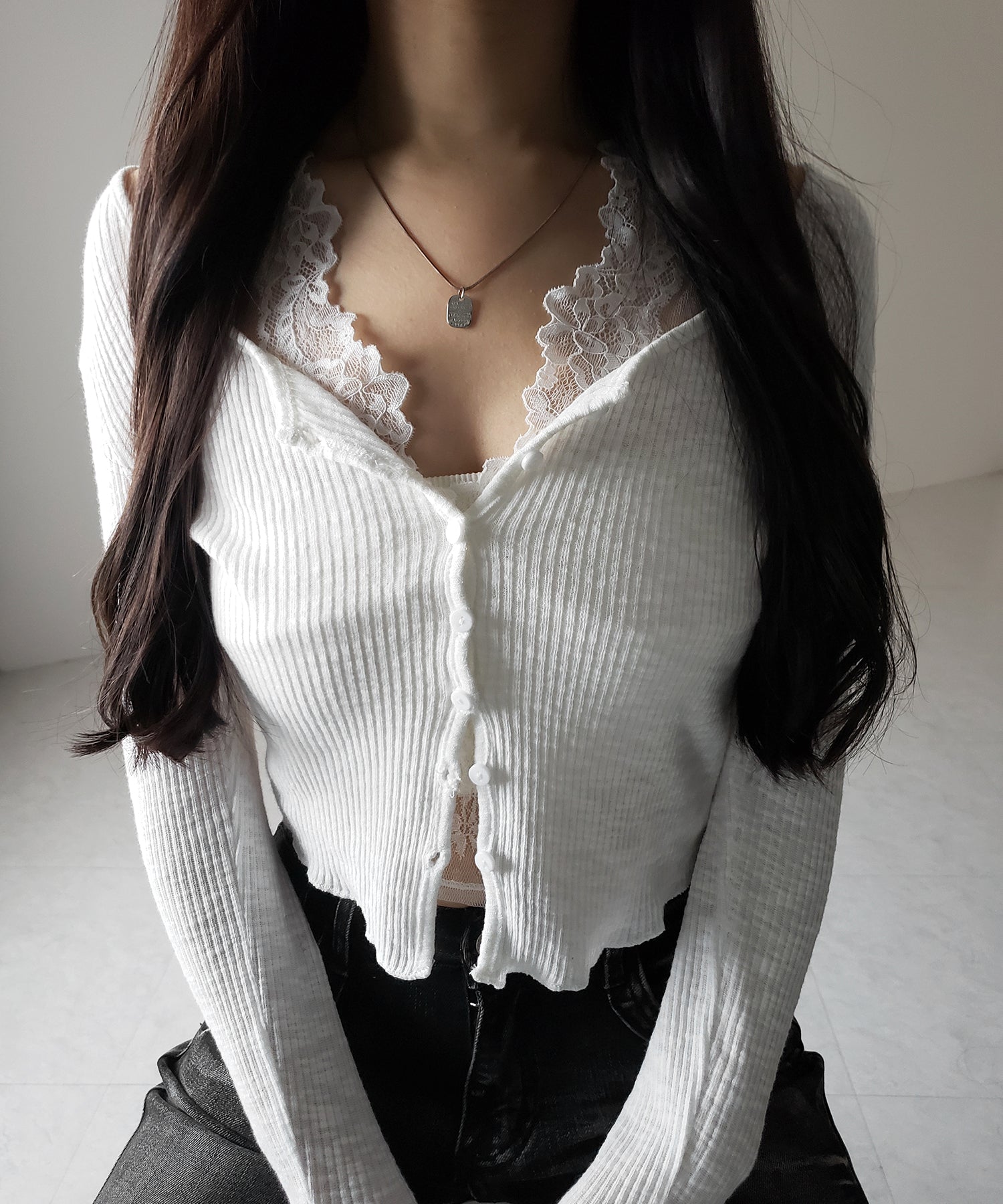 【 2点セット 】レイヤードレースシアーリブカットソーカーディガン / layered lace sheer rib cut and sew cardigan