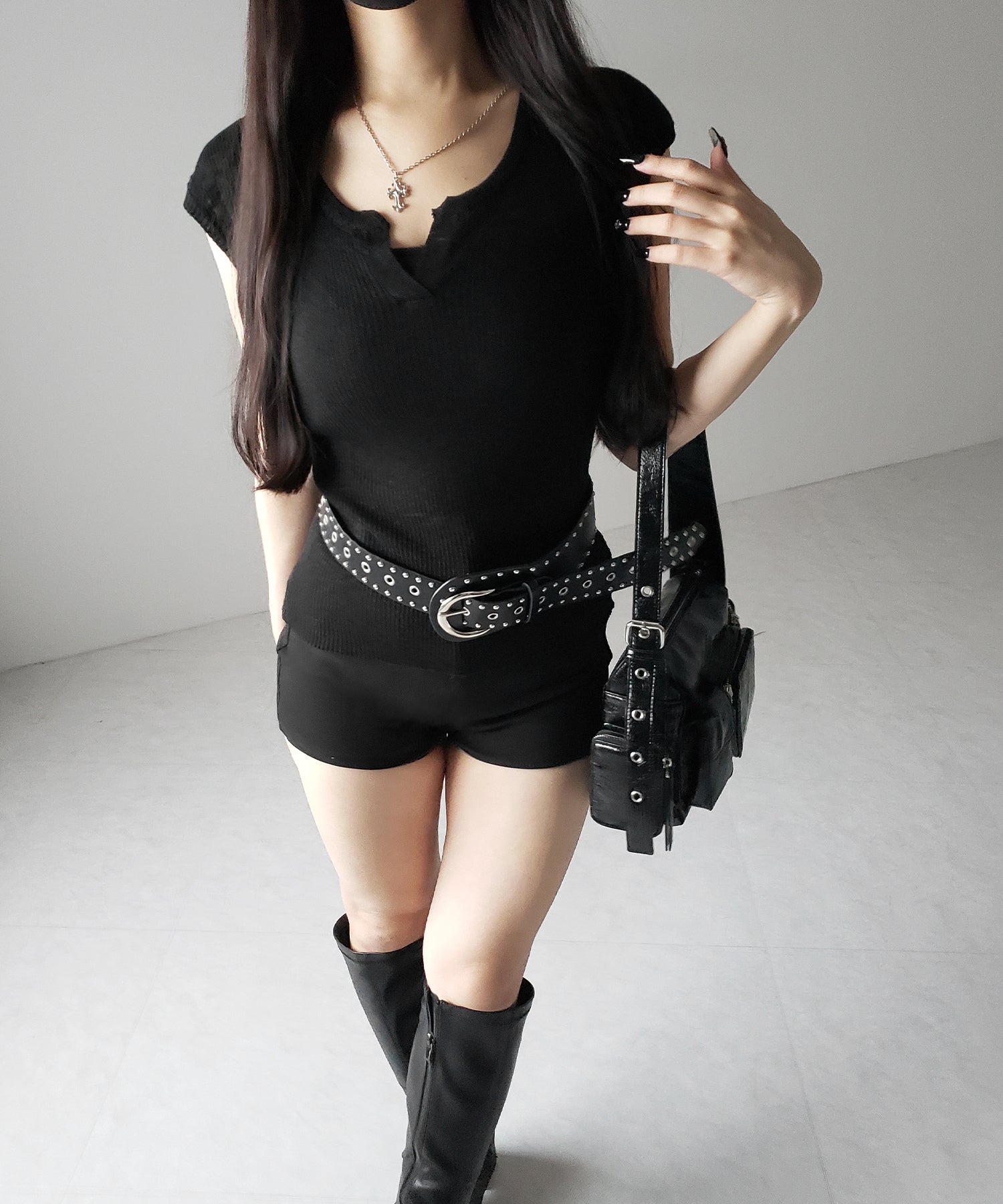 キーネックルーズシアーリブニットトップス / key neck loose sheer rib knit tops