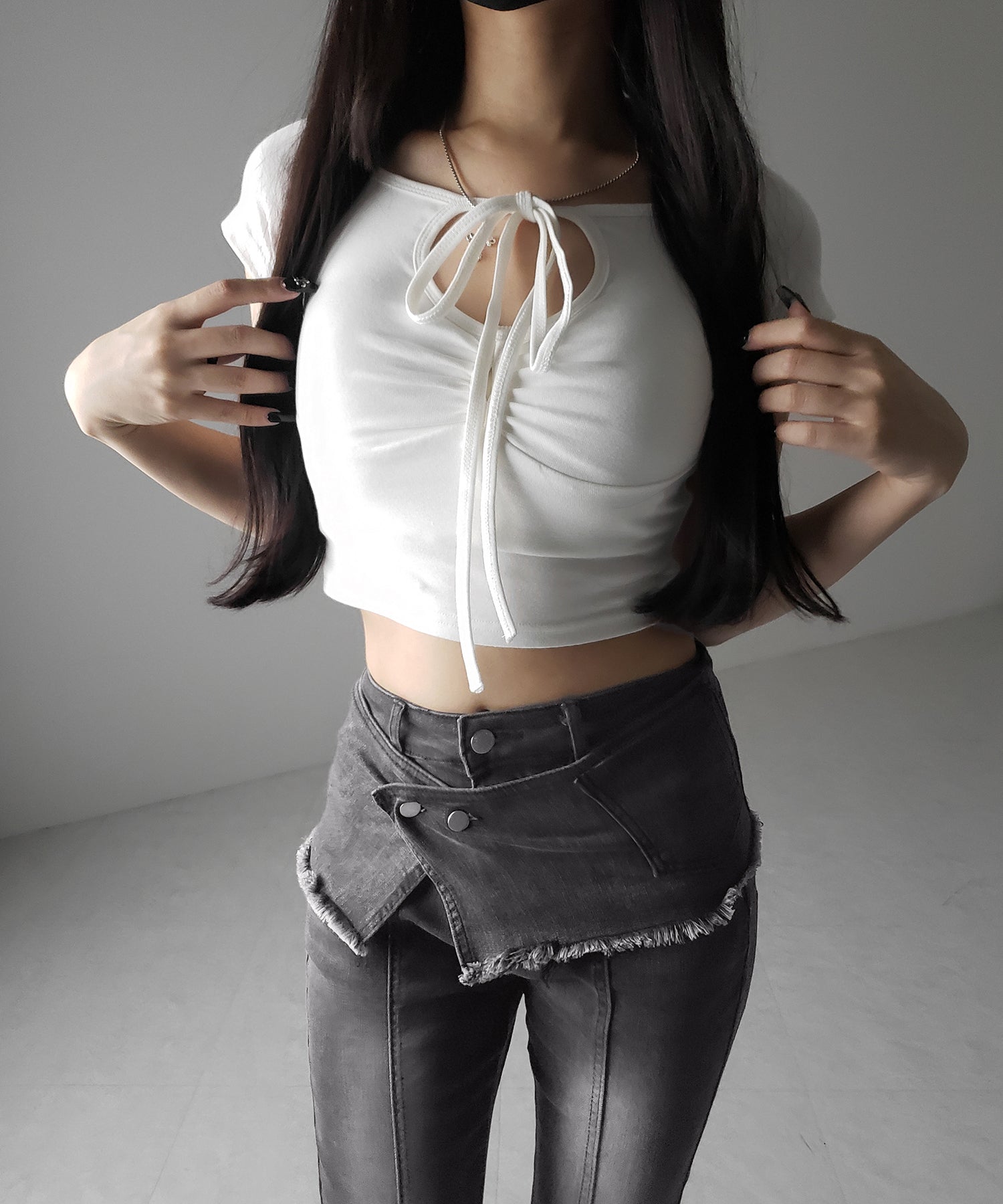 【 2color / 4size 】ストラップリボンヴィンテージストレッチフレアデニム / strap ribbon vintage stretch flare denim