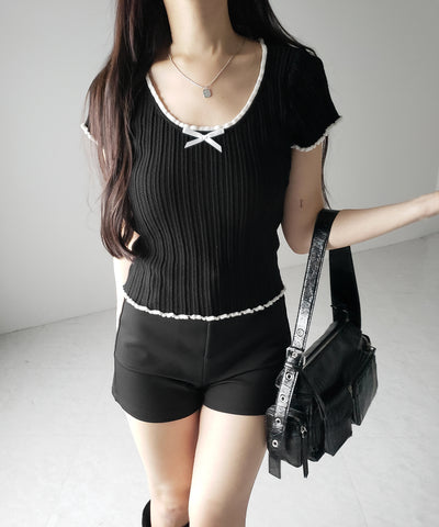 ミニリボンオープンネック半袖ニットトップス / mini ribbon open neck short sleeve knit tops