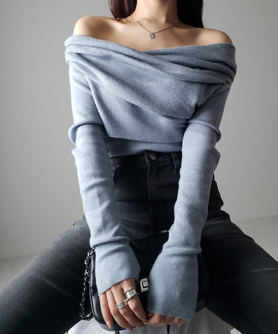 タックデザインドレープオフショルダーリブニット