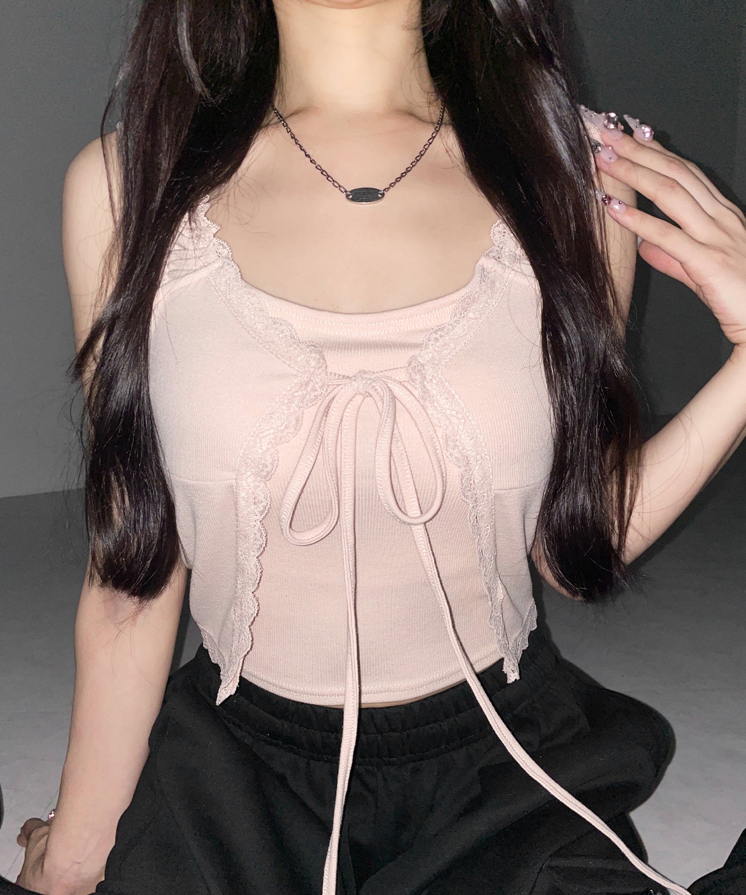 フロントリボンレイヤードリブキャミタンク / front ribbon layered lib camisole tank
