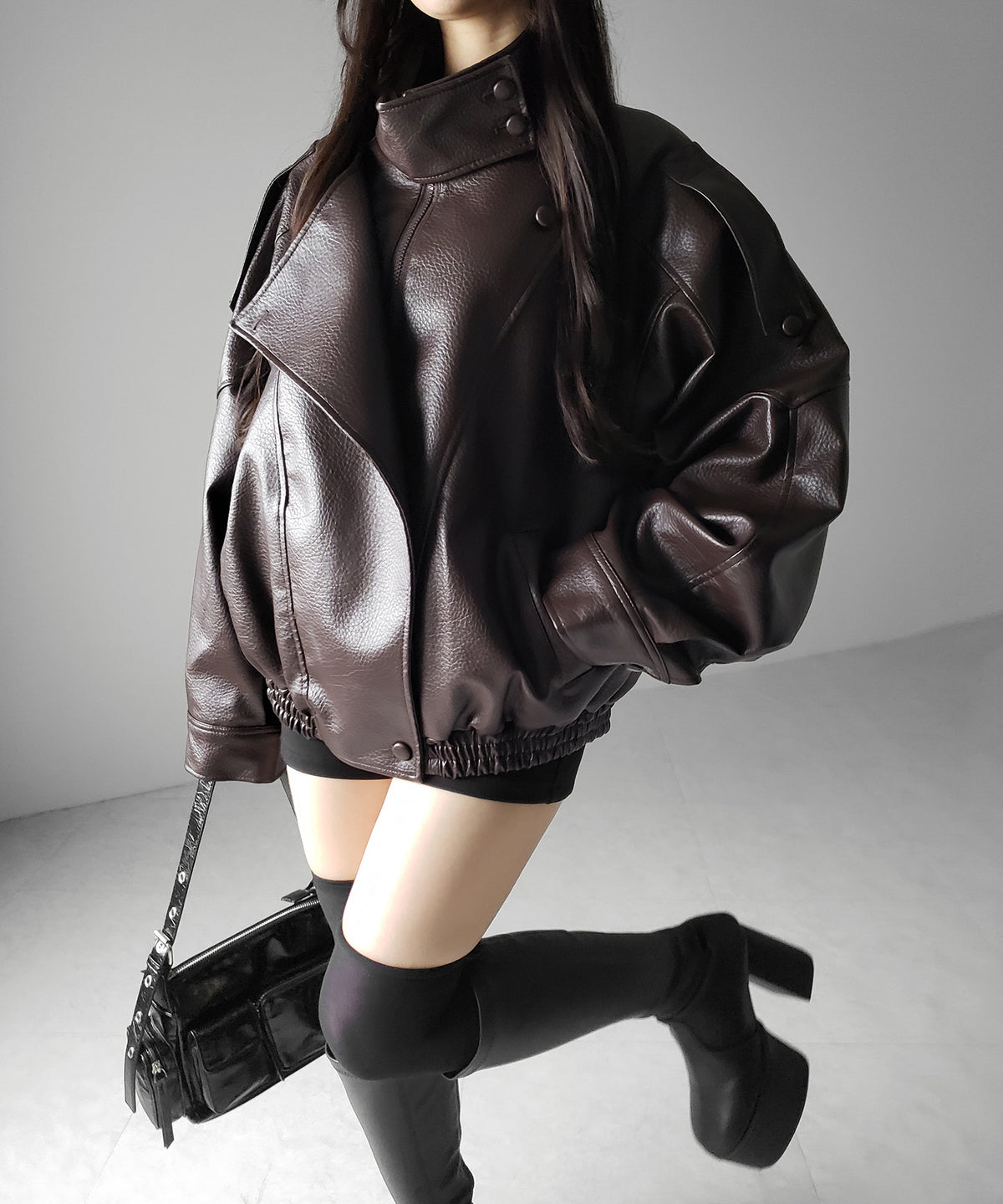 ヴィンテージフェイクレザースタンドカラージップアップブルゾン / 2WAY vintage fake leather stand collar zipup blouson