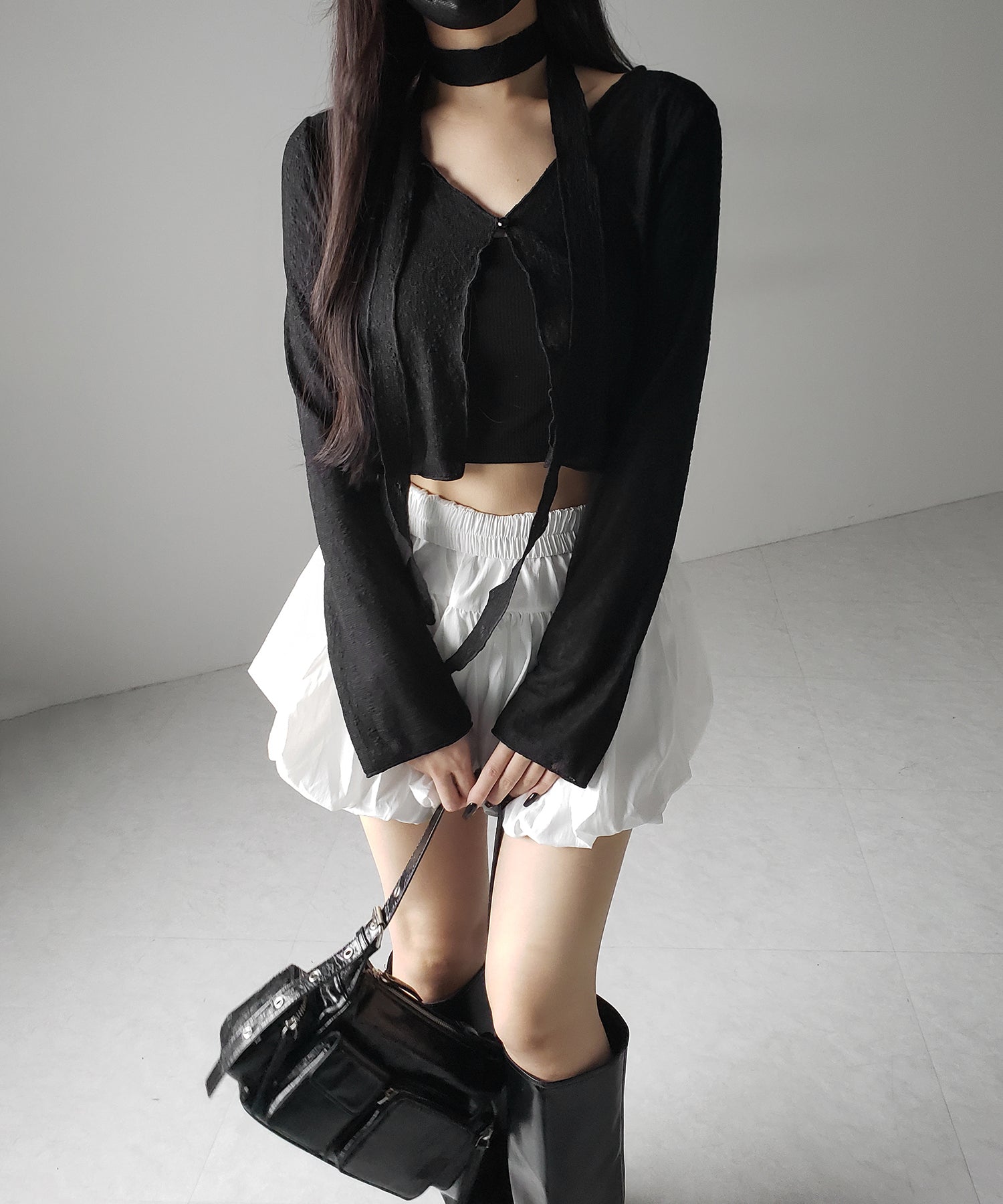 【 2color / 2WAY 】チョーカーロングタイ付きショートシアーカーディガン / choker long tie set short sheer cardigan
