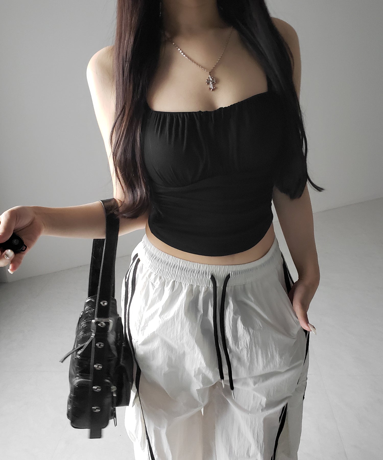 【 3color / カップ付き 】シャーリングギャザードレープキャミソール /shirring gather drape camisole