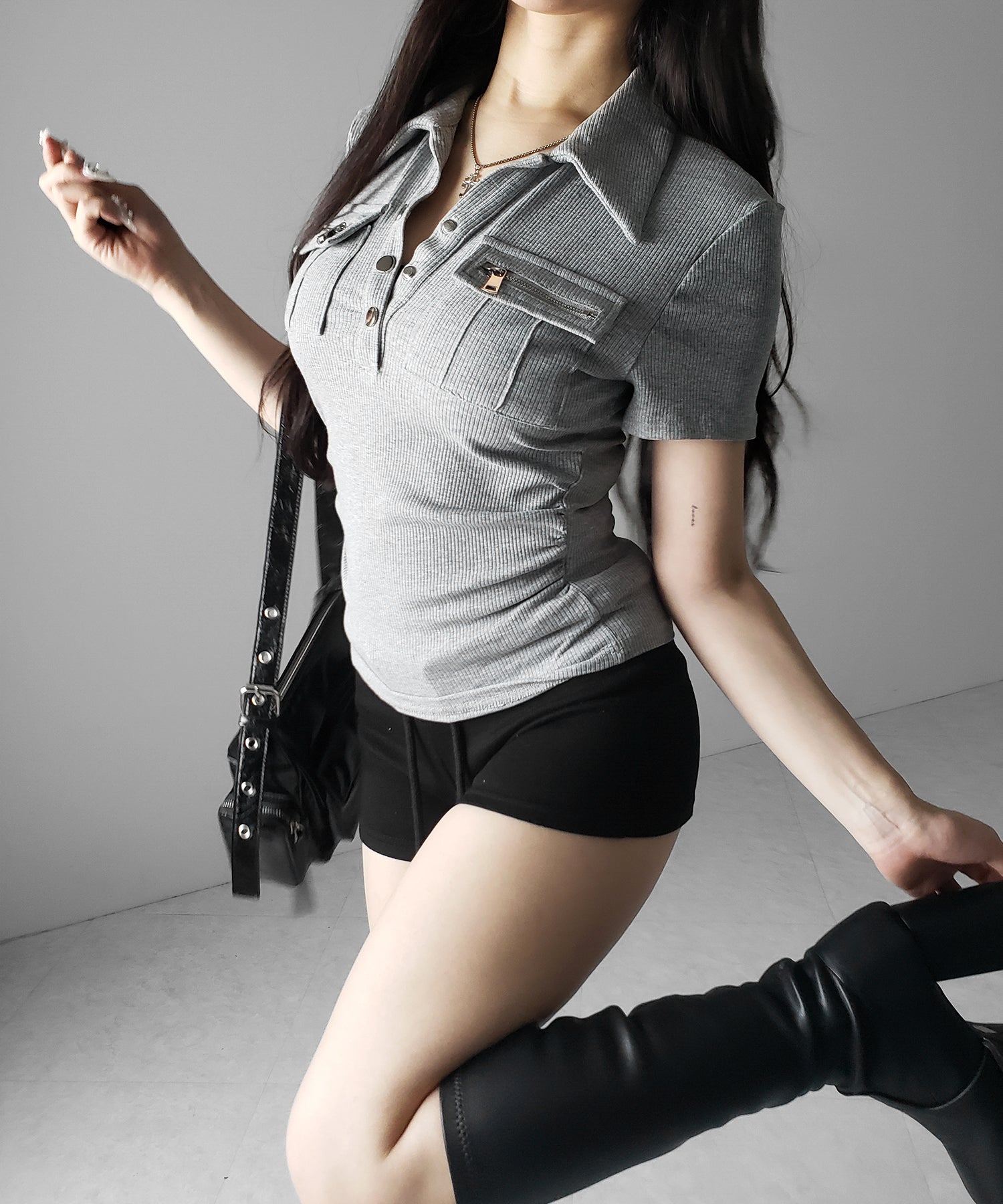 アウトポケットポロネックリブカットソートップス / out pocket polo neck rib cutsew tops
