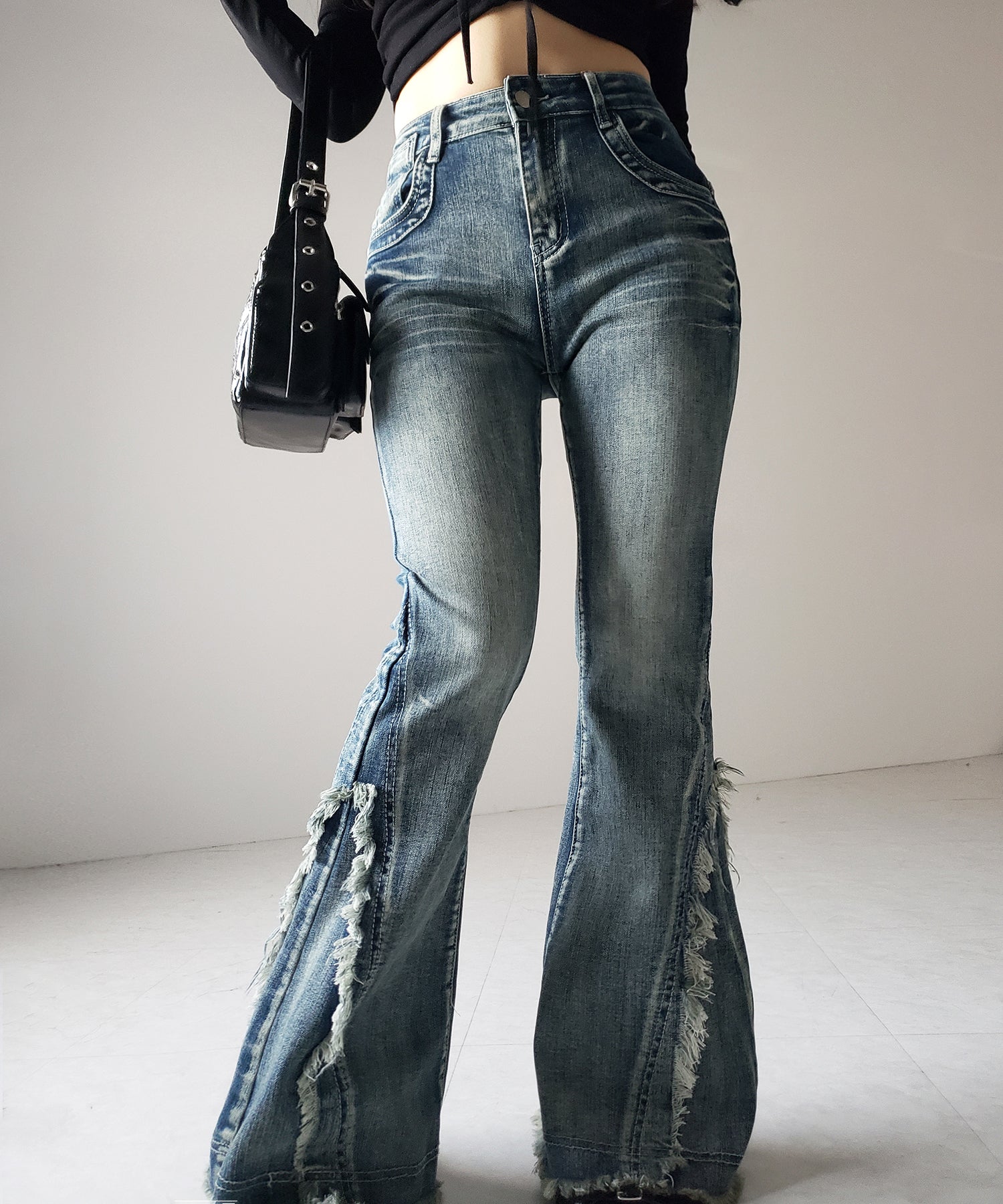 【 2color / 4size 】ヴィンテージライクフリンジストレッチフレアデニム / Vintage-like fringe stretch flare denim