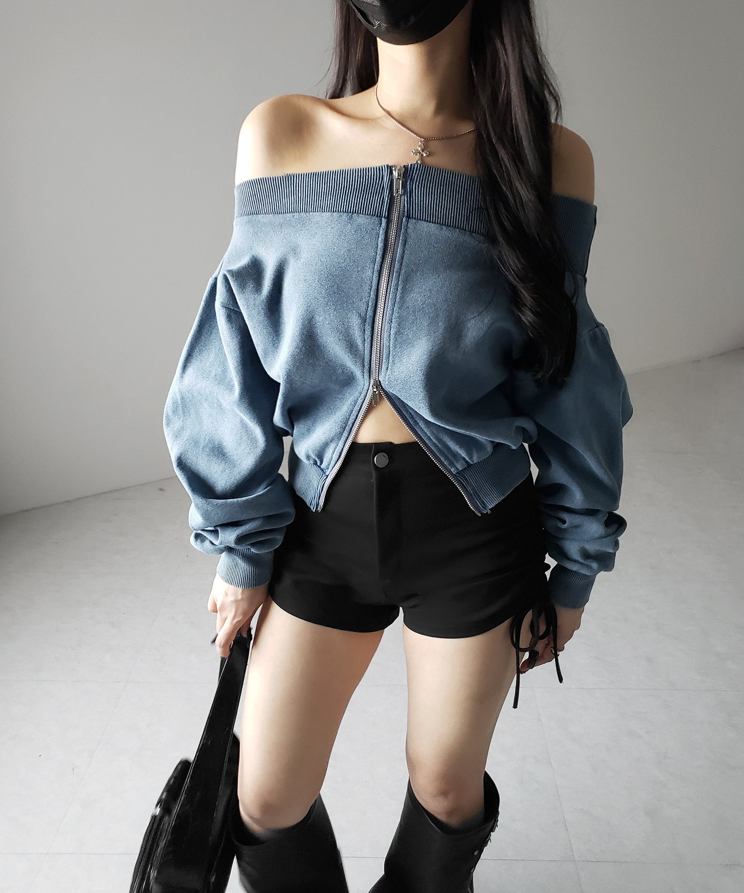 【 2color 】ダブルジップピグメントオフショルスウェットトップス / double zip pigment off shoulder sweat tops