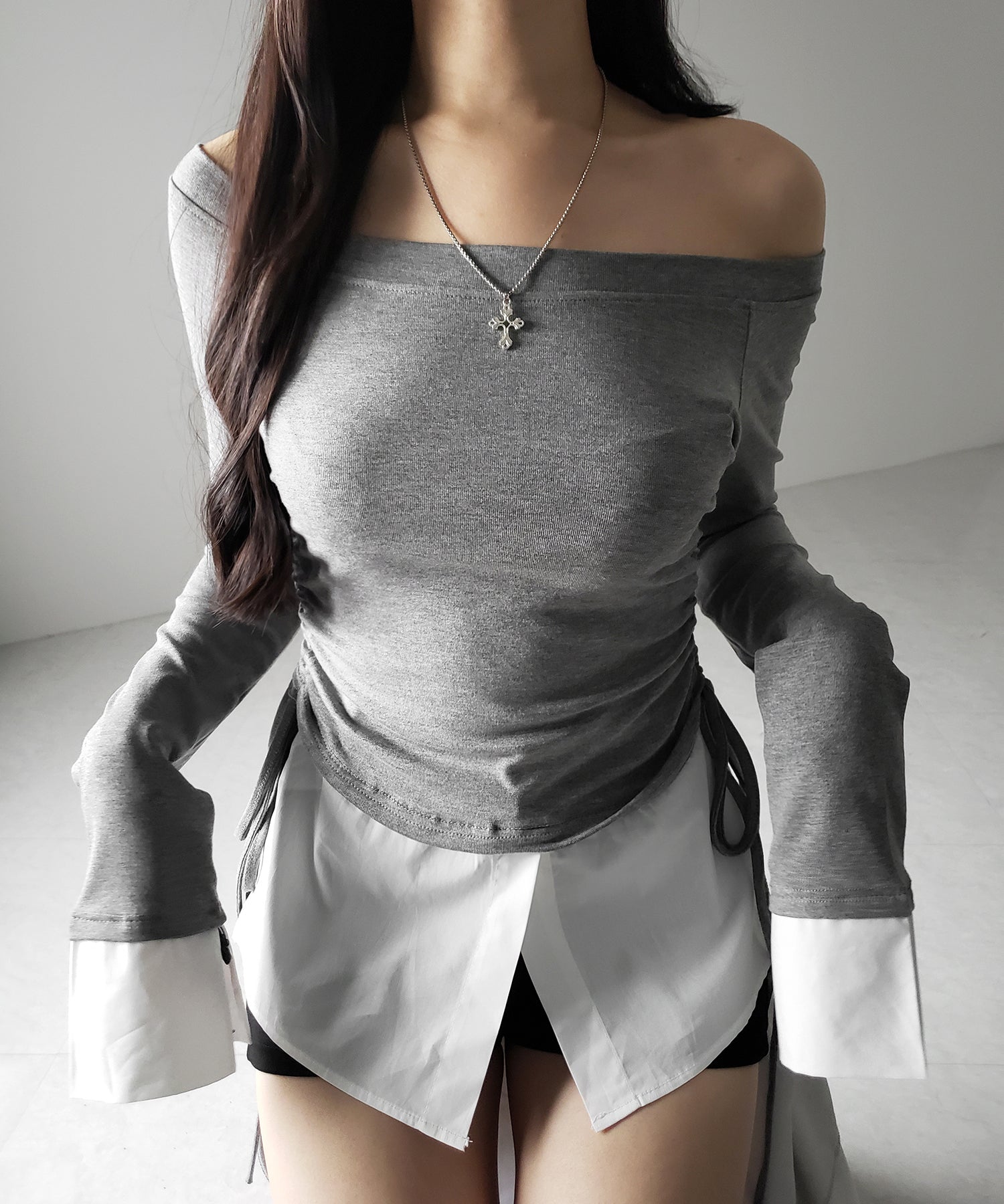 【 2WAY 】シャツドッキングサイドリボンワンショルトップス /shirt docking side ribbon oneshoulder tops