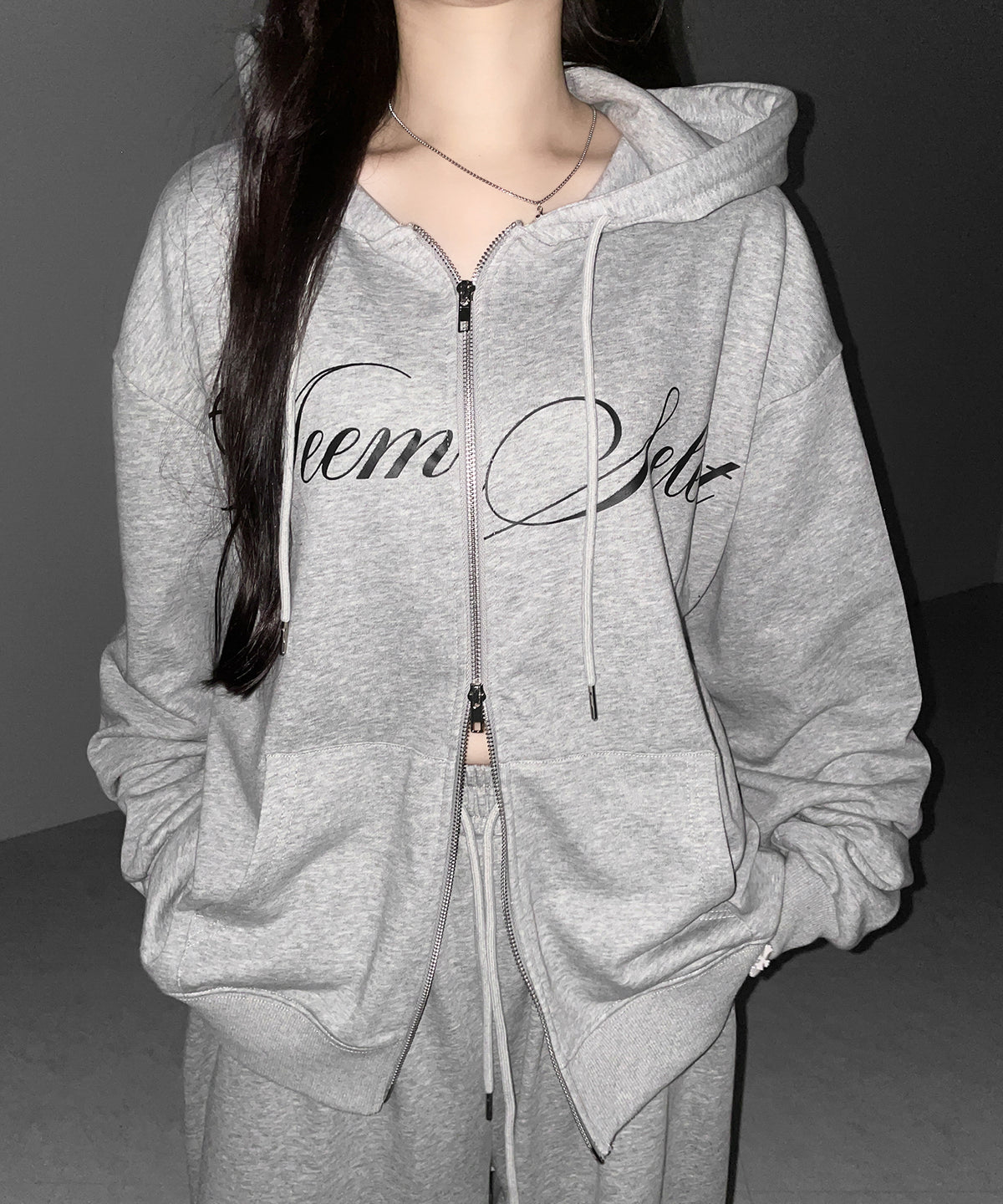 【 セットアップ可能 】レタリングロゴプリントダブルジップビッグパーカー / lettering logo print double zip BIG hoodie