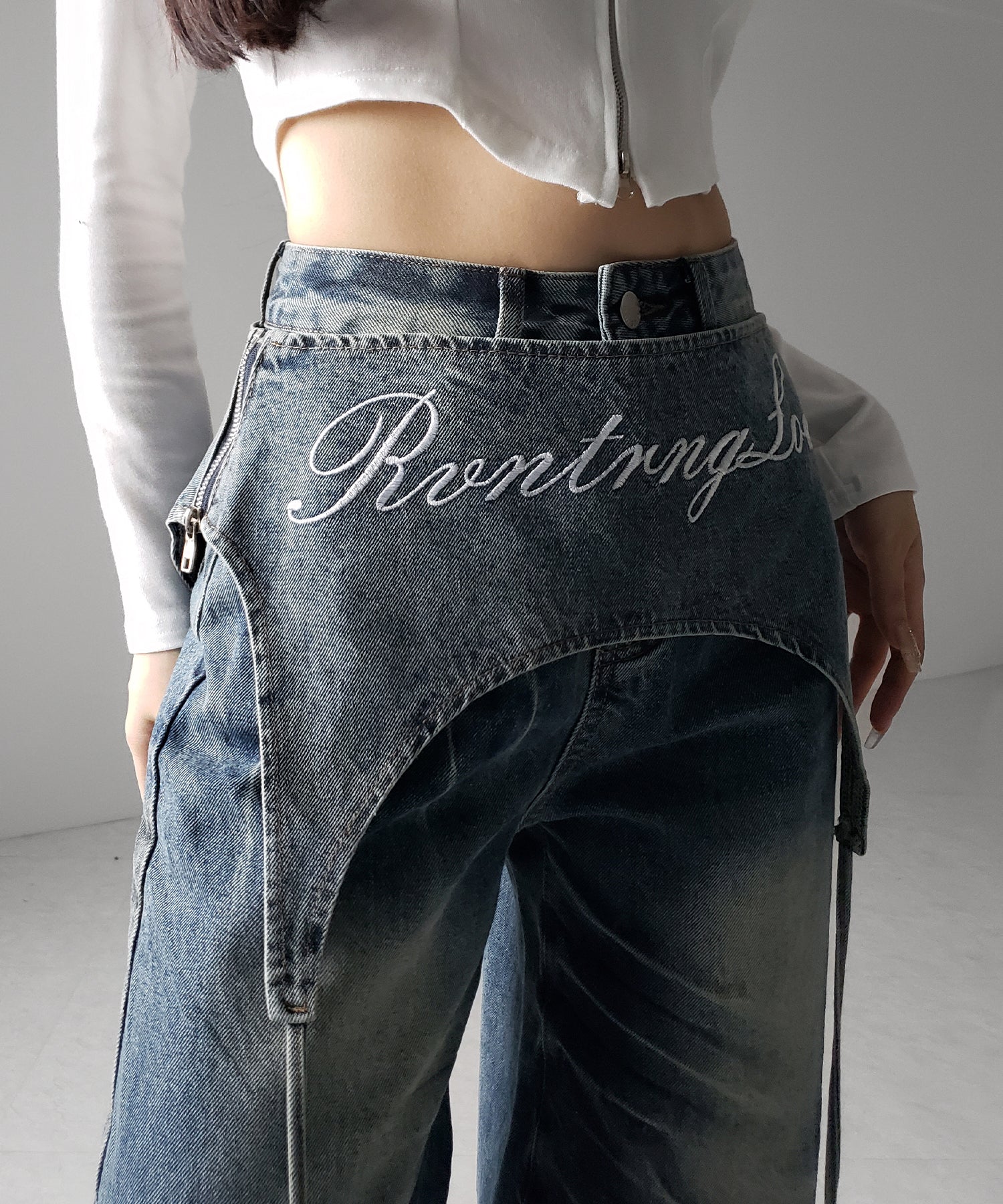 【 2WAY 】レタリングロゴ刺繍ガーターヴィンテージワイドデニム / lettering logo embroidery garter vintage wide denim