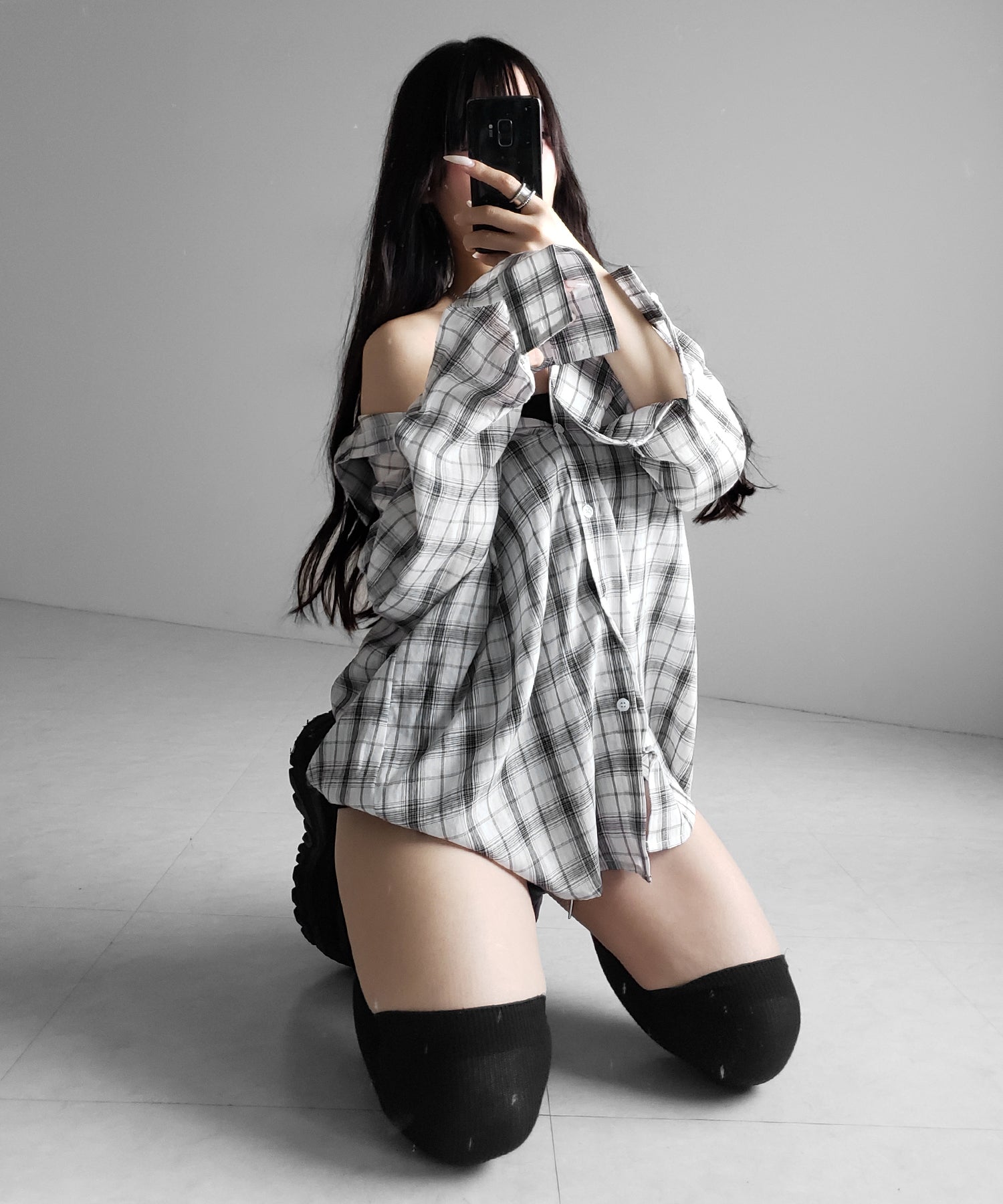 ビッグシルエットブラックシアーチェックシャツ / big silhouette black sheer check shirt