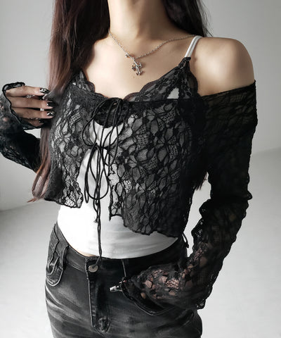 ダブルストラップリボンショートレースカーディガン /double strap ribbon short lace cardigan