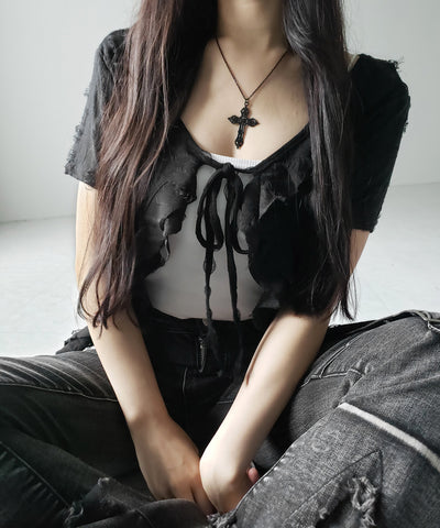 ダメージフリル半袖ショートリボンカーディガン / damage frill short sleeve short ribbon cardigan