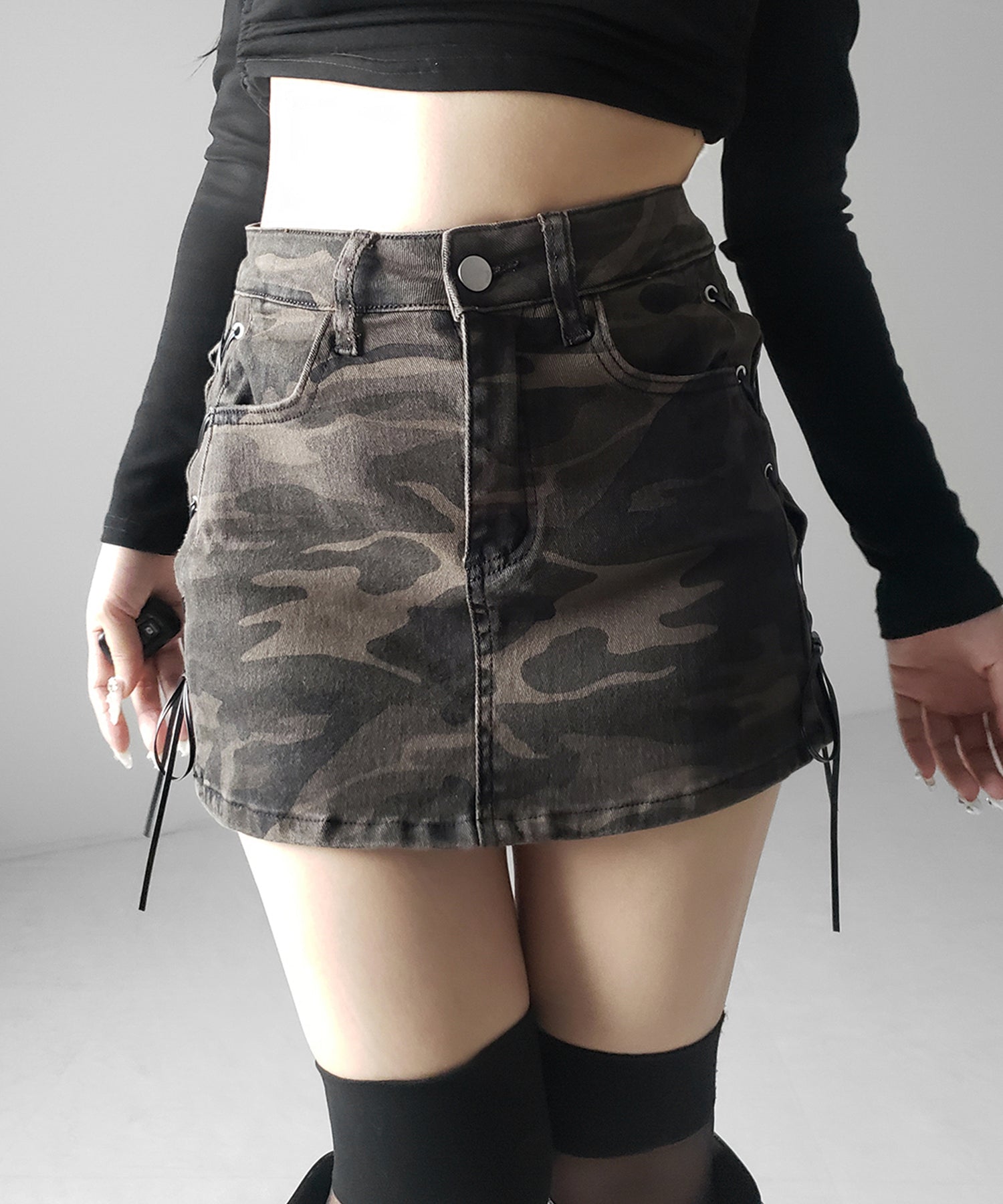 ヴィンテージカモフラレースアップデニムミニスカパン / vintage camouflage lace up denim mini skirt pants