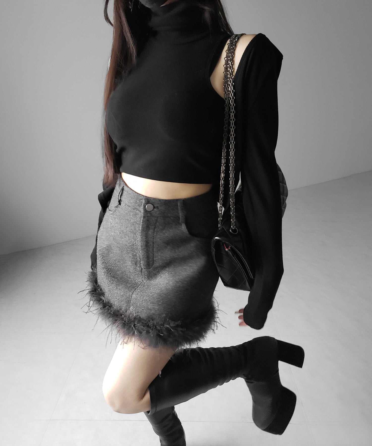 【 インナーパンツ裏地付 】ファードッキングウールライクレディミニスカート / fur docking woollike lady mini skirt