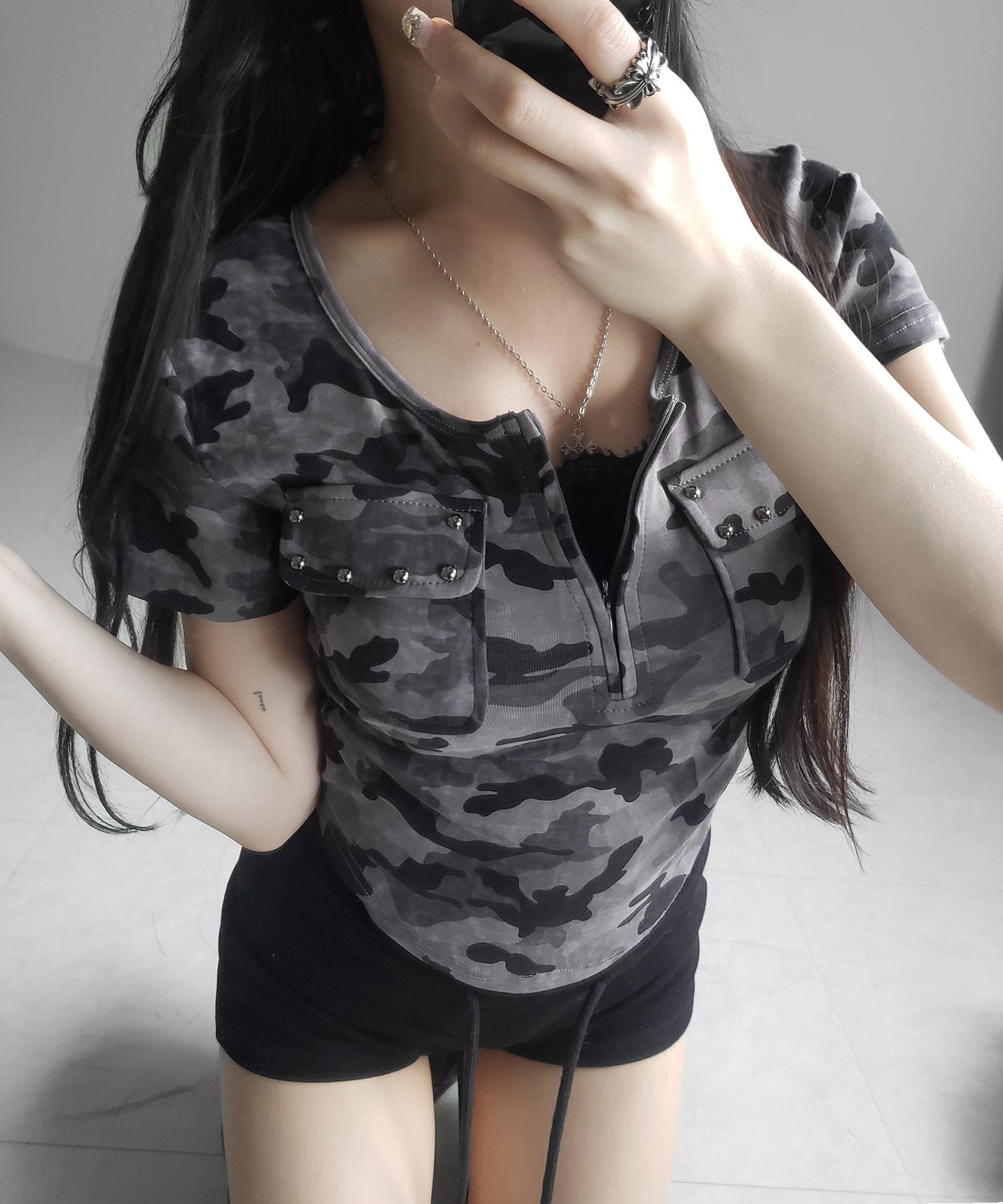 ヴィンテージカモフラアウトポケットジップ半袖Tシャツ / vintage camouflage out pocket zip short sleeve T-shirt