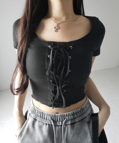 レースアップフロントリボン半袖ショートTシャツ / lace up front ribbon short sleeve short slim T-shirt