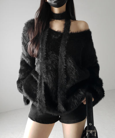 チョーカータイ付きルーズシャギーニット / choker tie set loose shaggy knit