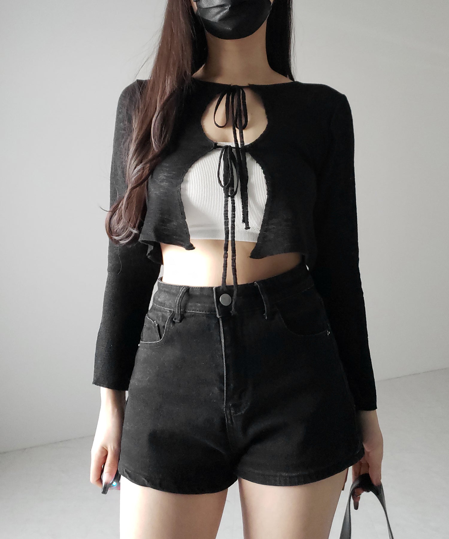 ダブルリボンシアーニットショートカーディガン / double ribbon sheer knit short cardigan