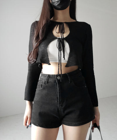 ダブルリボンシアーニットショートカーディガン / double ribbon sheer knit short cardigan