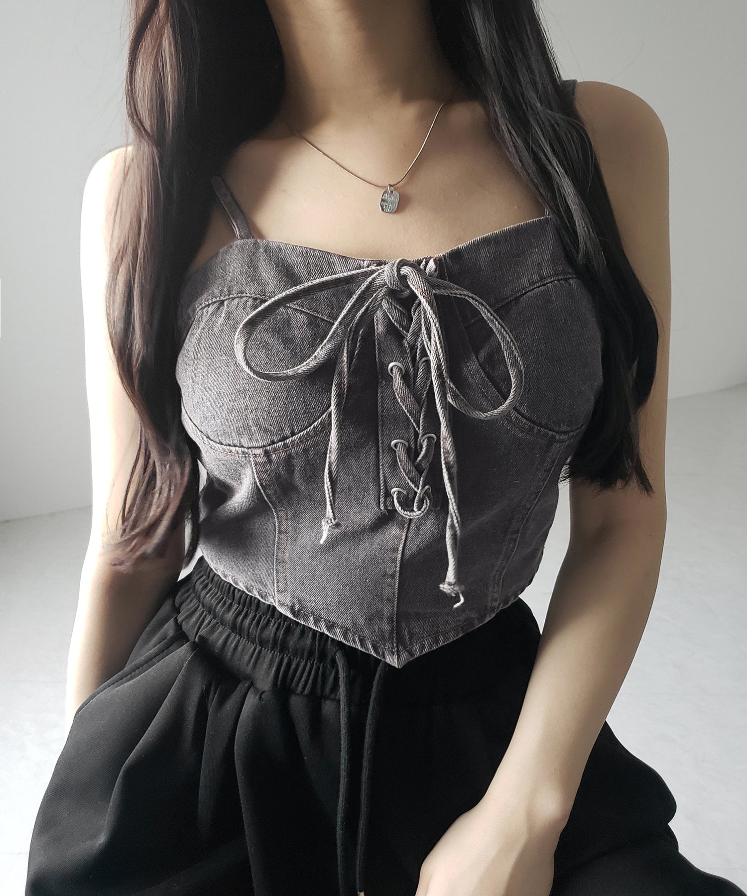 レースアップリボンコルセットデニムビスチェ / lace up ribbon corset denim bustier