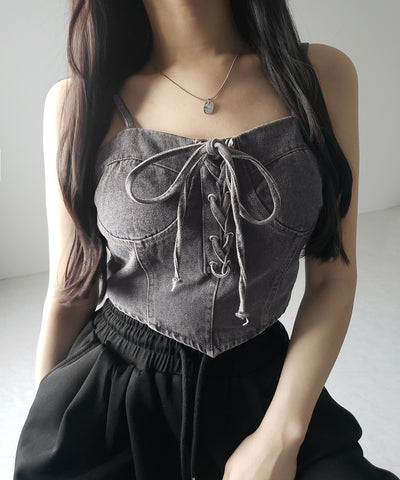 レースアップリボンコルセットデニムビスチェ / lace up ribbon corset denim bustier
