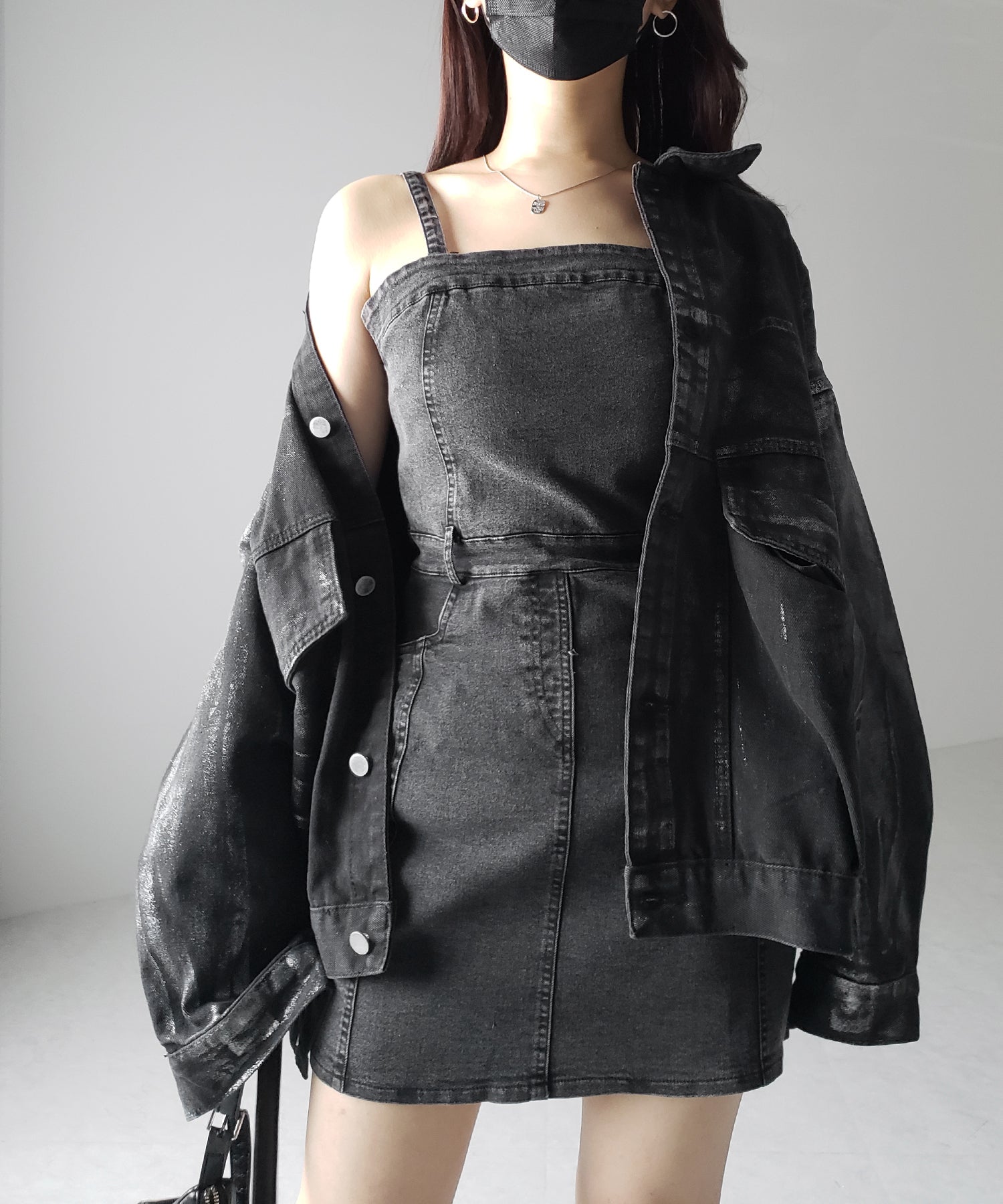 【 2color 】ウォッシュデニムハイウエストミニキャミワンピース / wash denim high waist mini cami onepiece
