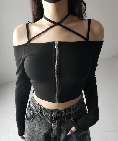 【 カップ付 】フロントジップクロスストラップオフショルトップス / front zip cross straps off-shoulder tops