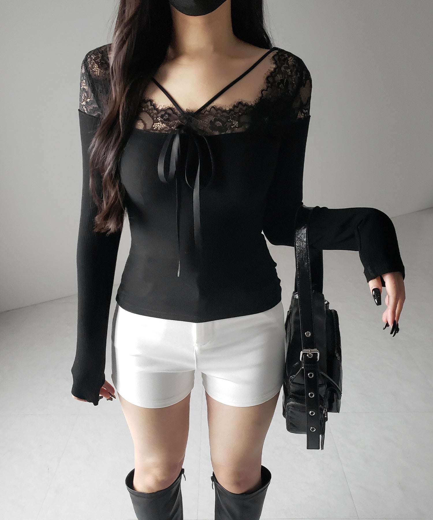 クロスストラップレース切替リブトップス / cross strap lace switching ribbed tops