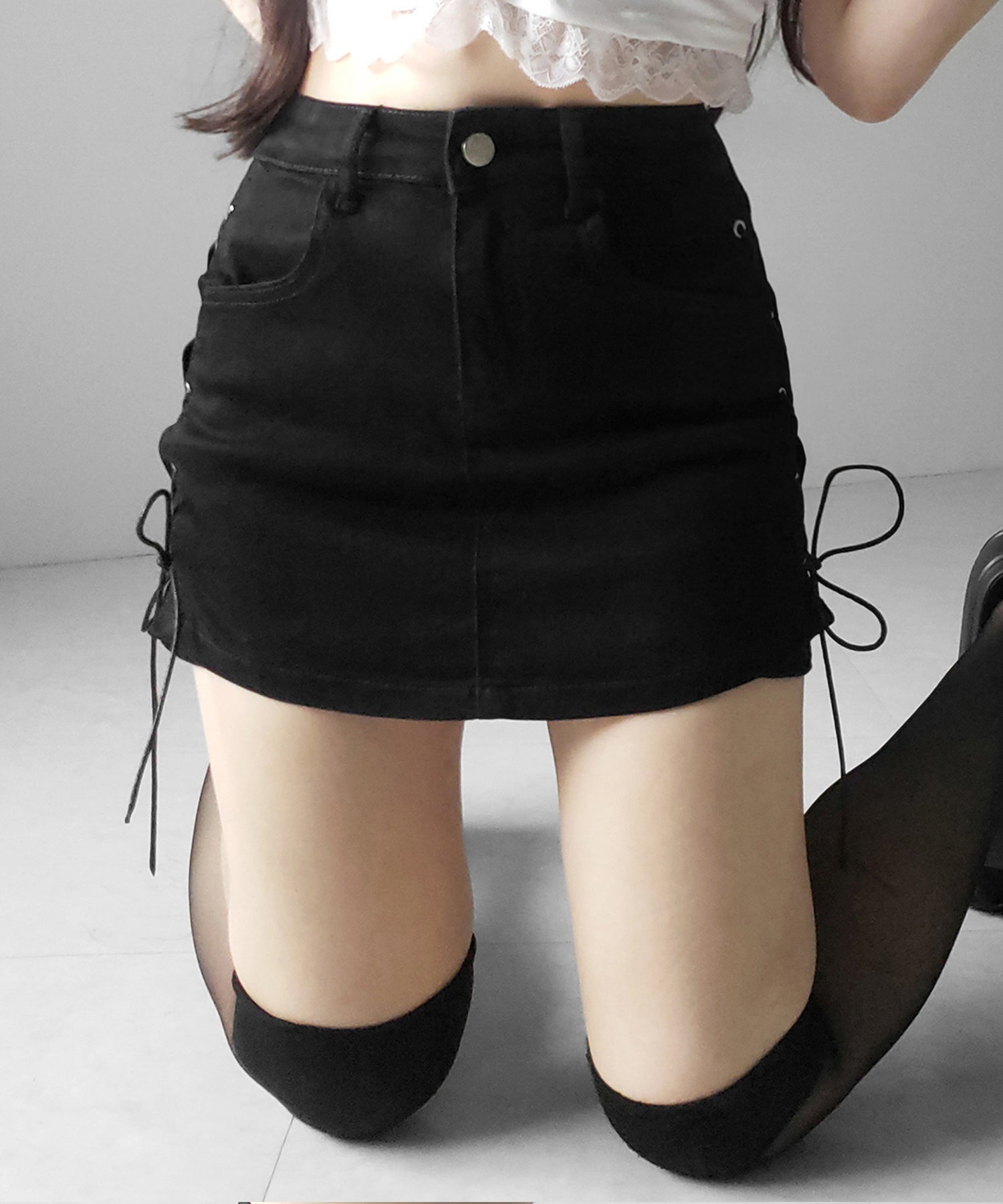 レースアップストレッチデニムミニスカパン / lace up stretch denim mini skirt pants