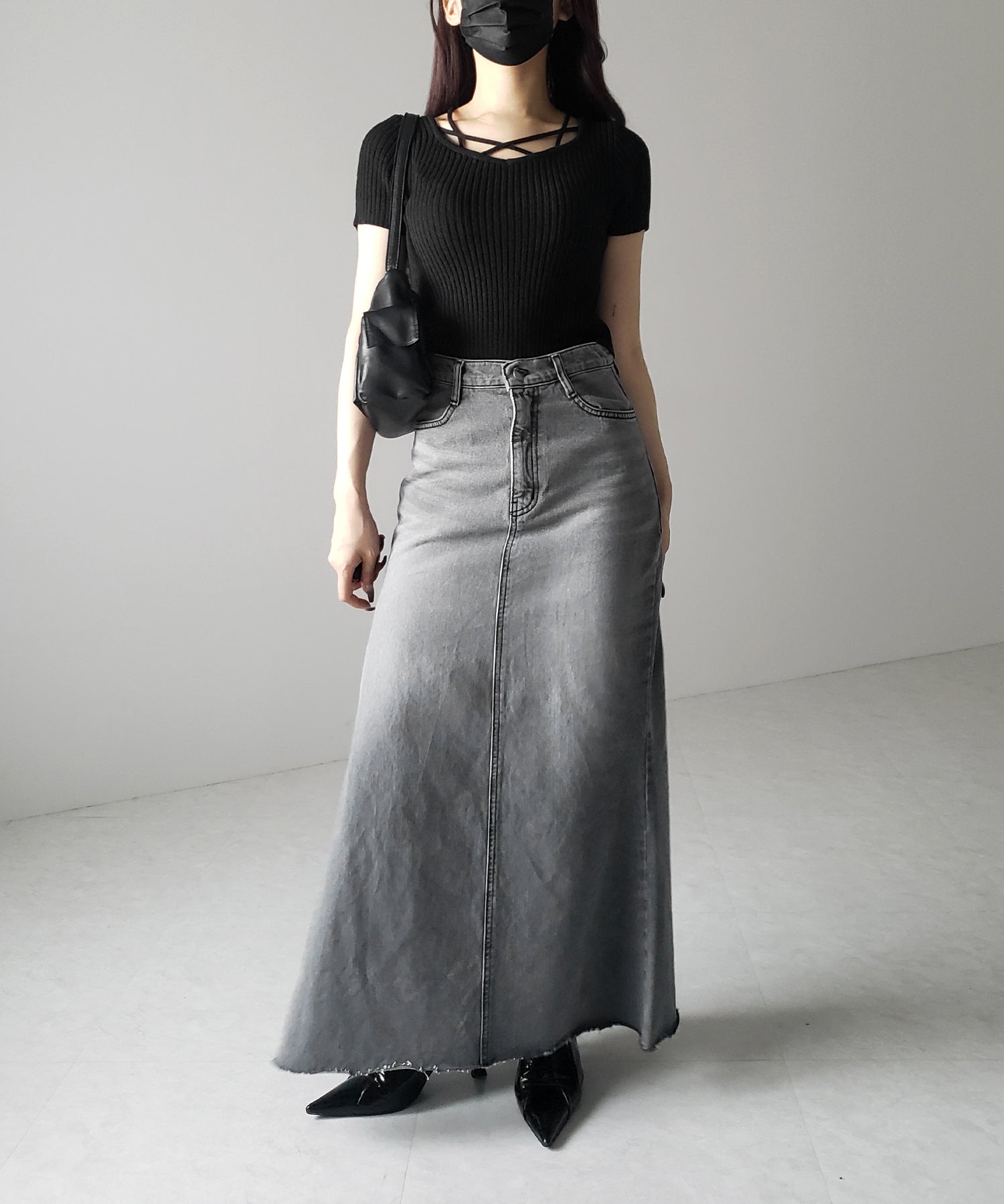 半袖クロスラインストラップデザインリブニット