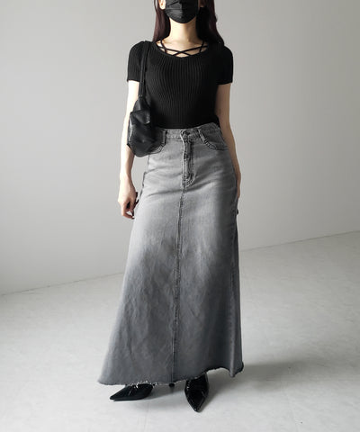 半袖クロスラインストラップデザインリブニット