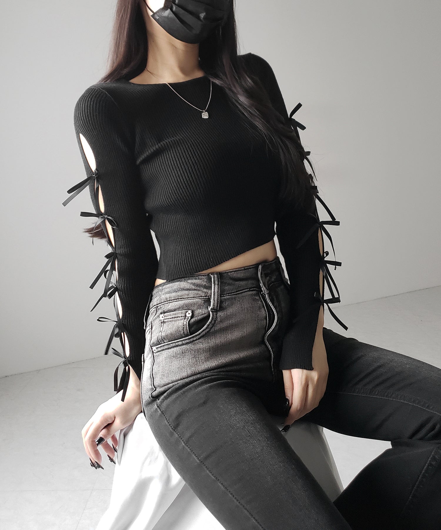 【 2color 】カットアウトリボンショートリブニット / cut out ribbon short rib knit