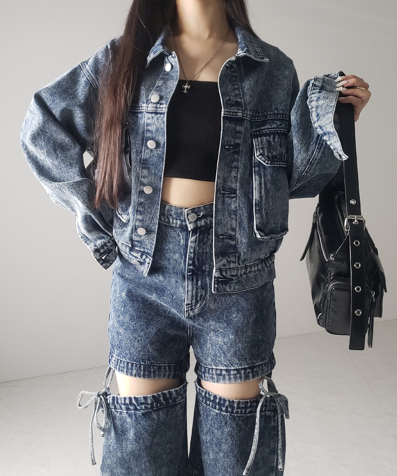 【 セットアップ着用可能 】2WAYヴィンテージケミカルブリーチカットアウトリボンデニム / 2WAY vintage chemical bleach cutout ribbon denim