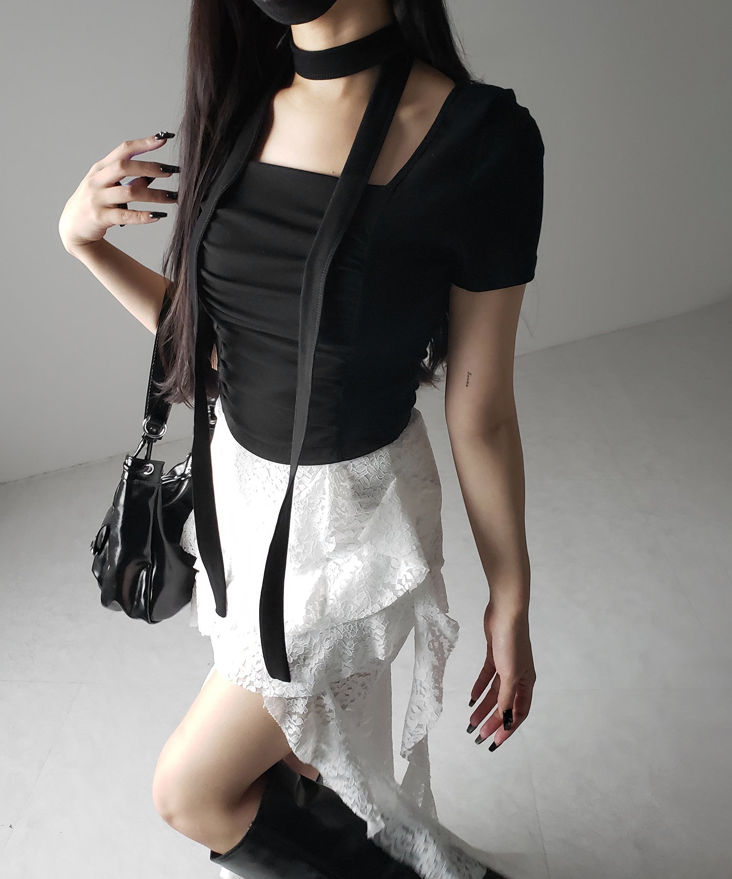 【 2WAY 】チョーカーロングタイ付き スクエアネックギャザースリムTシャツ / choker long tie SET square neck gather slim sleeve T-shirt