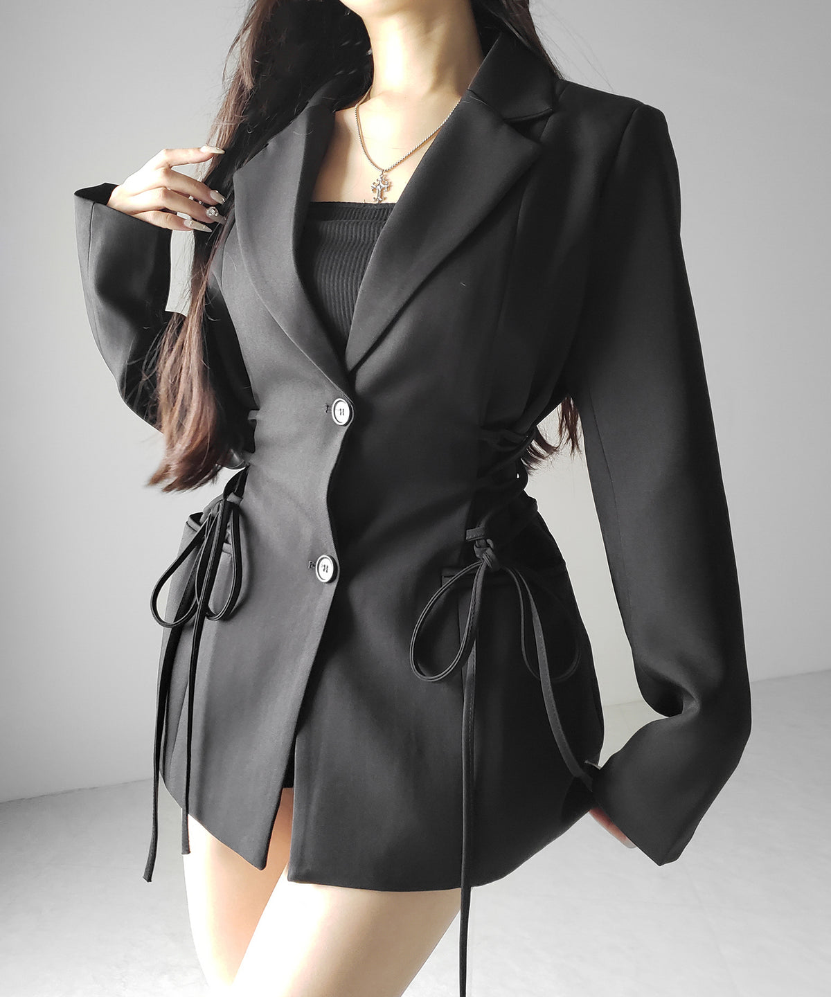 レースアップリボンスリムテーラードジャケット / lace-up ribbon slim tailored jacket