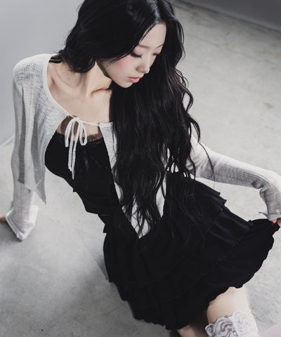 フロントリボンシアーニットショートカーディガン / front ribbon sheer knit short cardigan