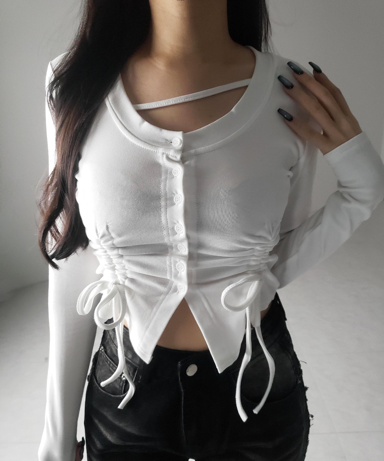 【 2color / 裏起毛 】ナナメストラップダブルシャーリングリボントップス / naname strap double shirring ribbon tops