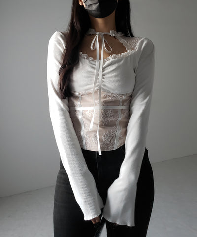 チョーカーネックリボンレーシーカットソートップス / choker neck ribbon lacy cutsaw tops
