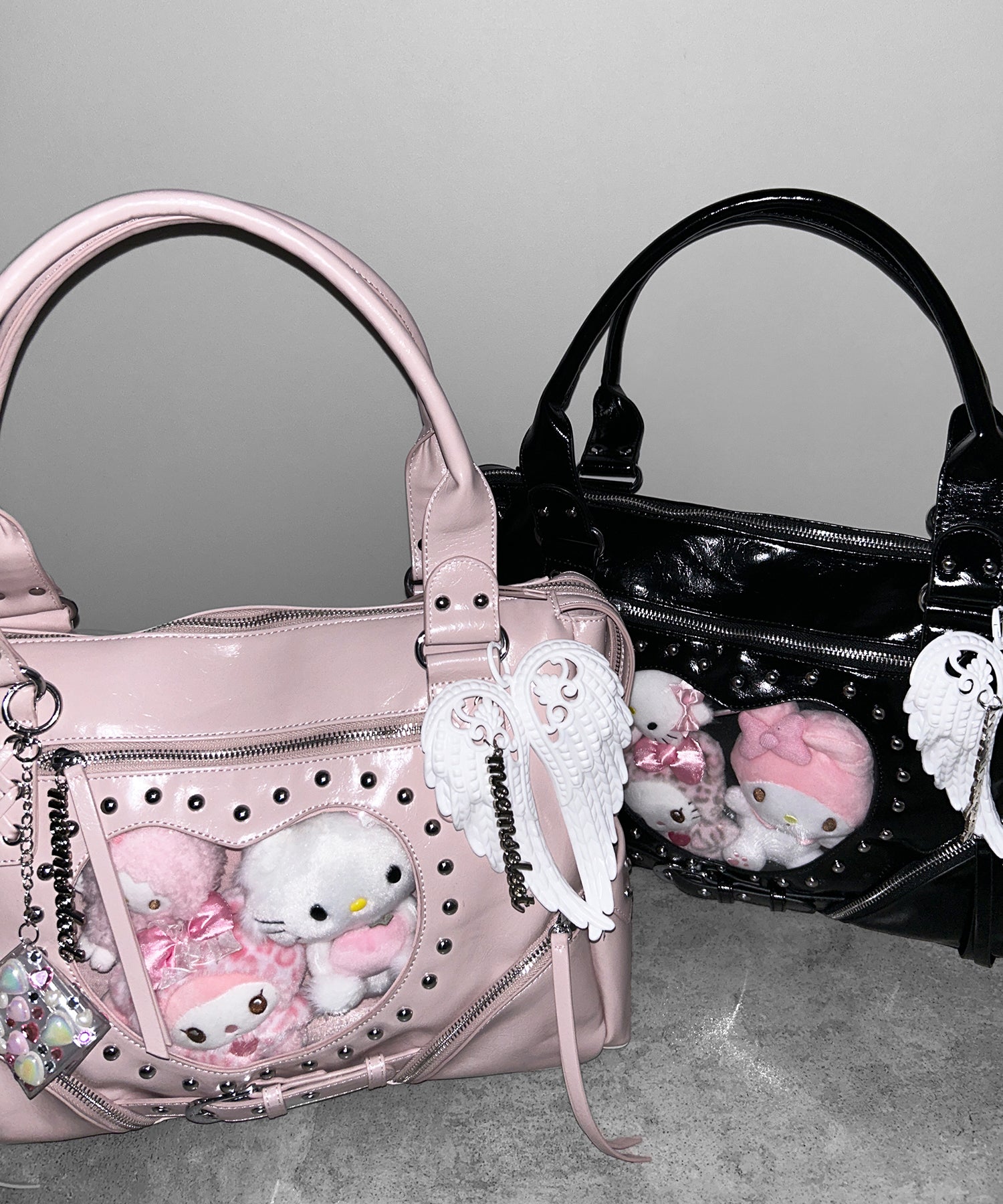 【 限定先行販売 】ハートクリアポケットスタッズフェイクレザートートバッグ / heart clear pocket studs fake leather tote bag