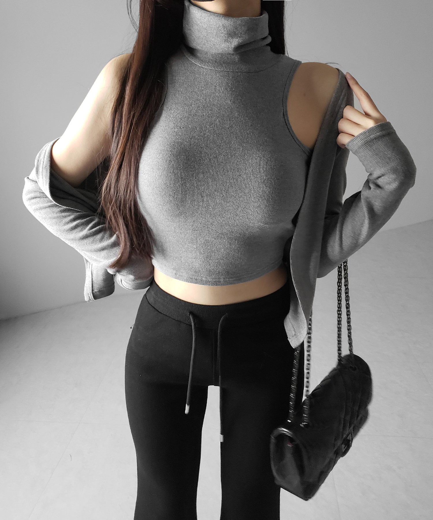 【 裏微起毛 / 2点セット 】ハイネックノースリーブトップス + ショートカーディガン SET / high neck nosleeve tops + short cardigan SET