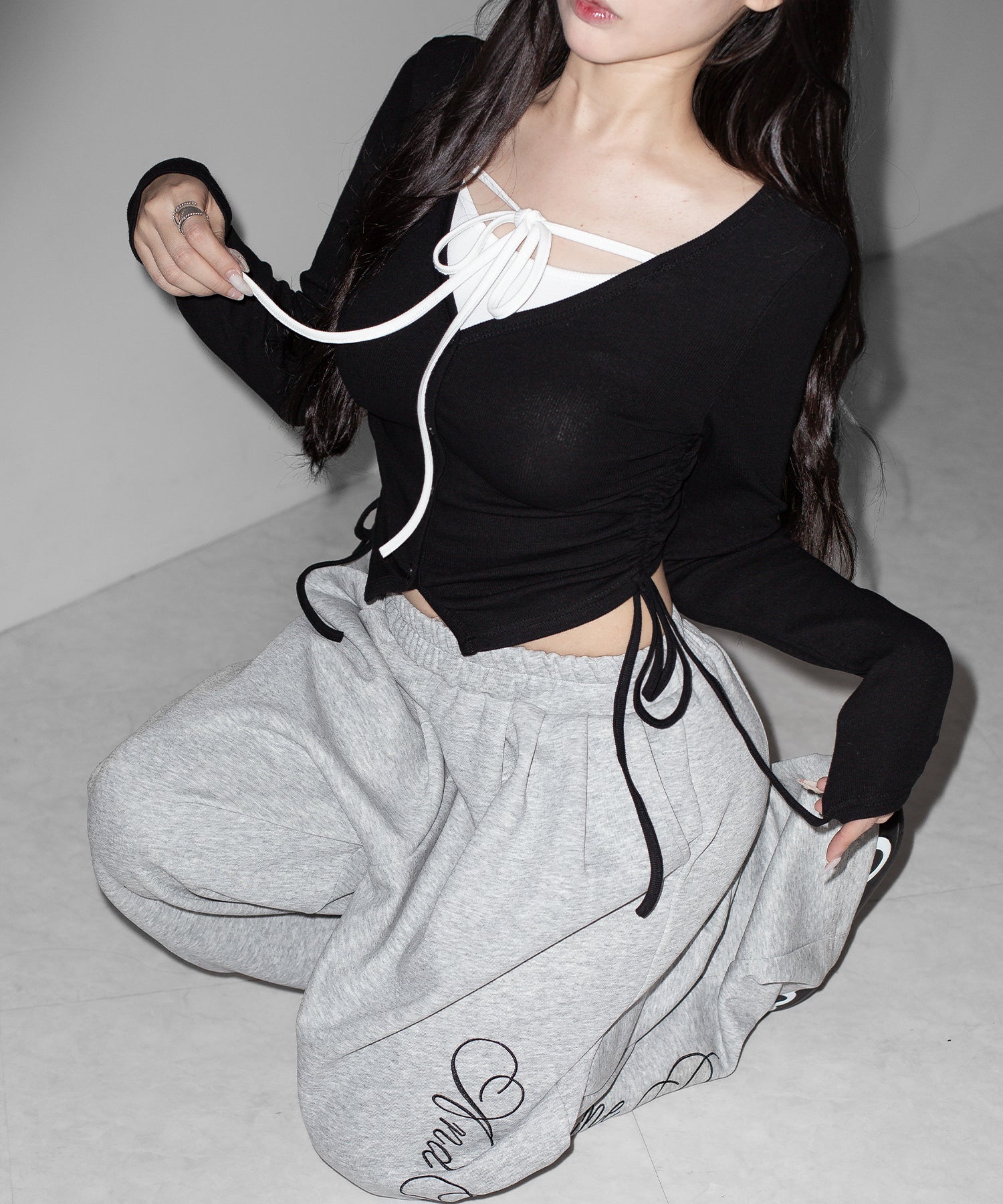 【 3WAY 】レイヤード風シャーリングリボンリブトップス / fake layered shirring ribbon lib tops
