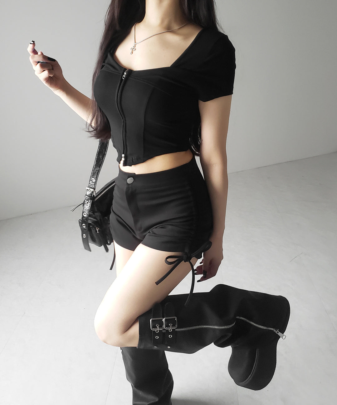 ダブルジップコルセットスクエアネックTシャツ / double zip corset square neck T-Shirt