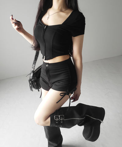 ダブルジップコルセットスクエアネックTシャツ / double zip corset square neck T-Shirt