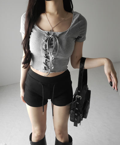 レースアップフロントリボン半袖ショートTシャツ / lace up front ribbon short sleeve short slim T-shirt